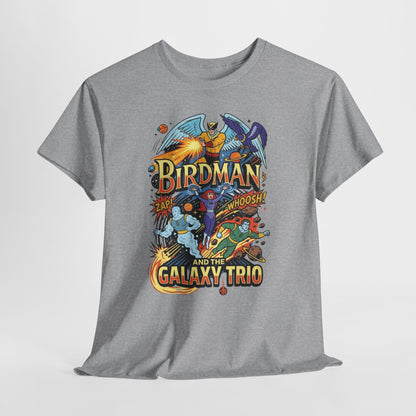 Birdman & The Galaxy Trio Tee — Retro Comic Superhero Graphic T-Shirt