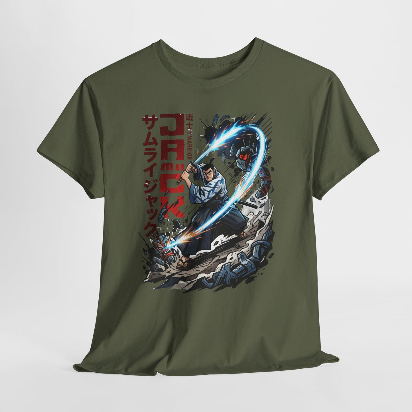Samurai Jack Anime-Style Graphic Tee — Retro Action Shirt with Japanese Text