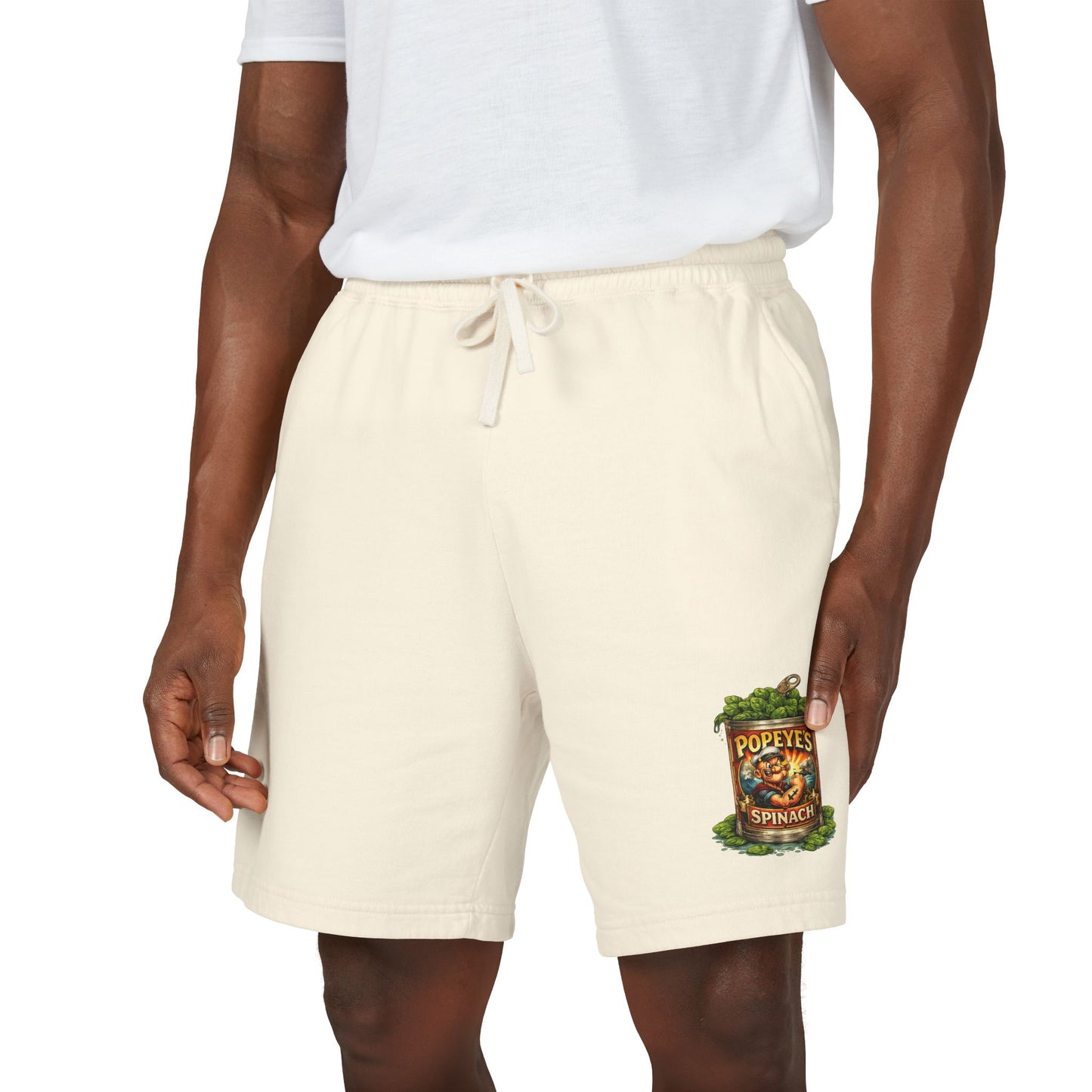 Vintage “Popeye’s Spinach” Graphic Sweat Shorts — Lightweight Fleece Lounge Shorts