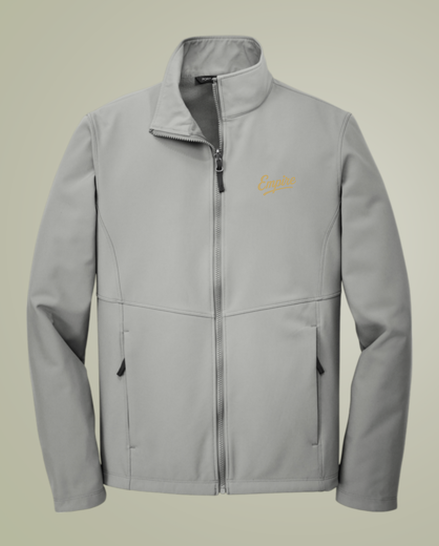 Empire Softshell Jacket – Light Gray Zip-Up with Gold Embroidered Logo