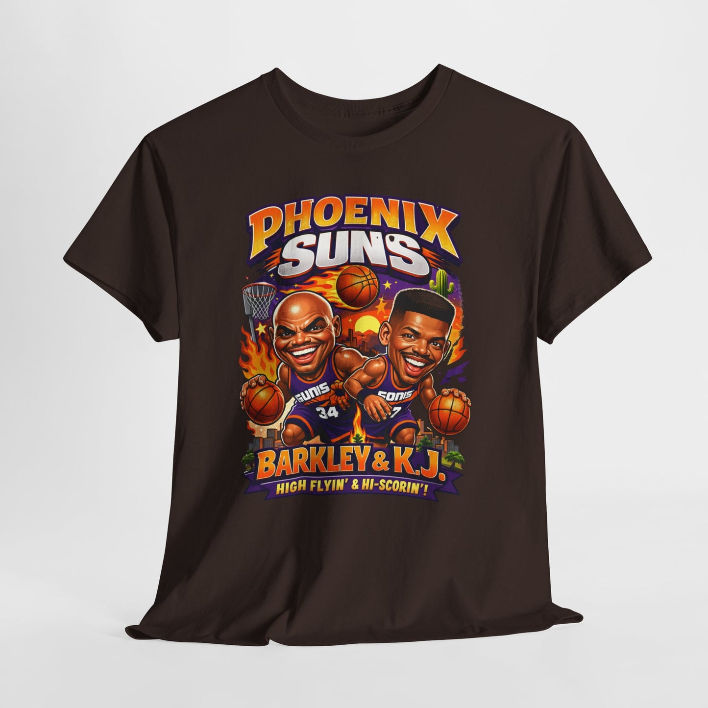 Phoenix Suns Barkley & K.J. Graphic Tee — Retro Basketball Cartoon Shirt