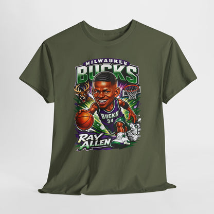 Milwaukee Bucks Retro Player Cartoon Tee — 'Ray Allen' Basketball Graphic T-Shirt