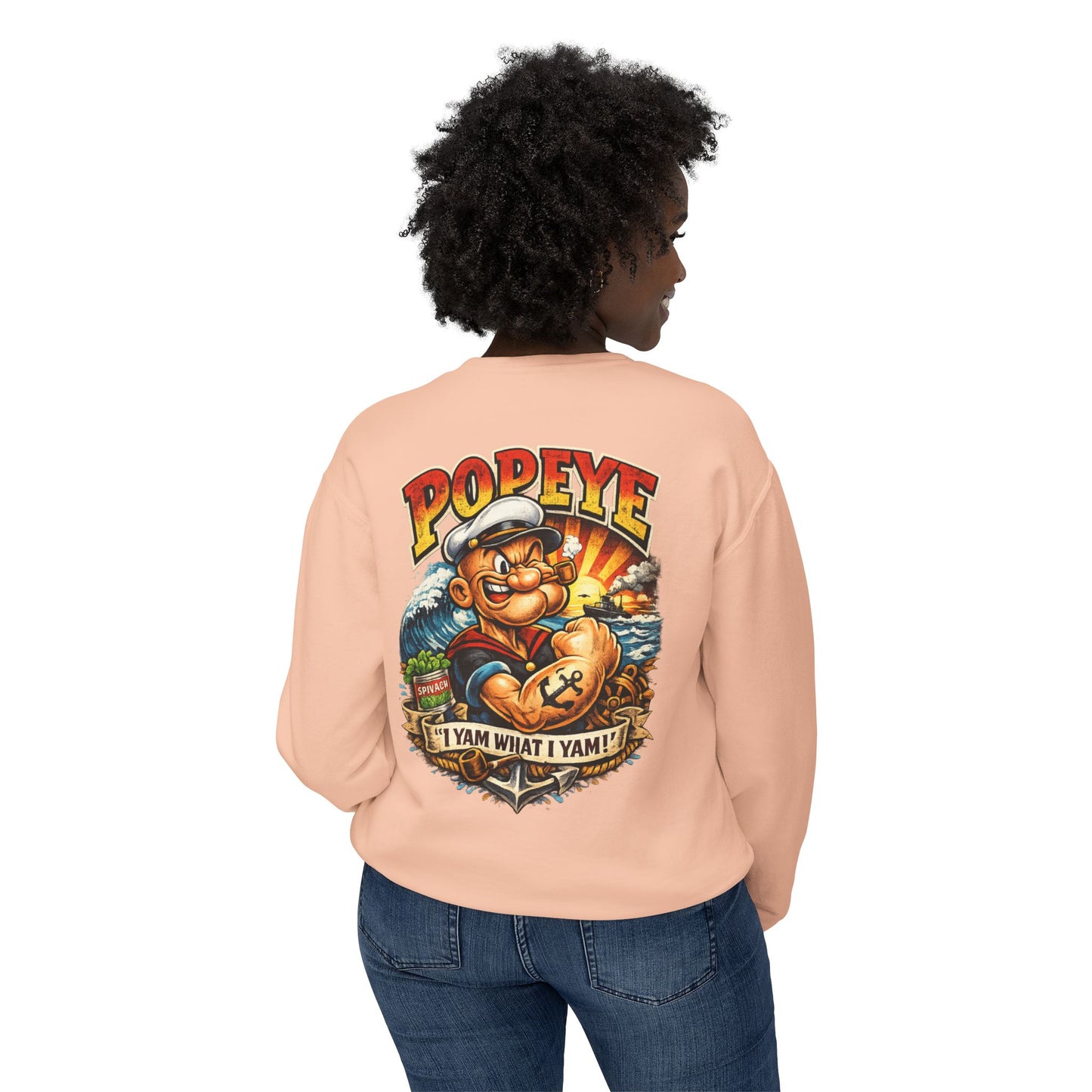 Popeye Graphic Crewneck Sweatshirt — "I Yam What I Yam" Vintage Sailor Tee
