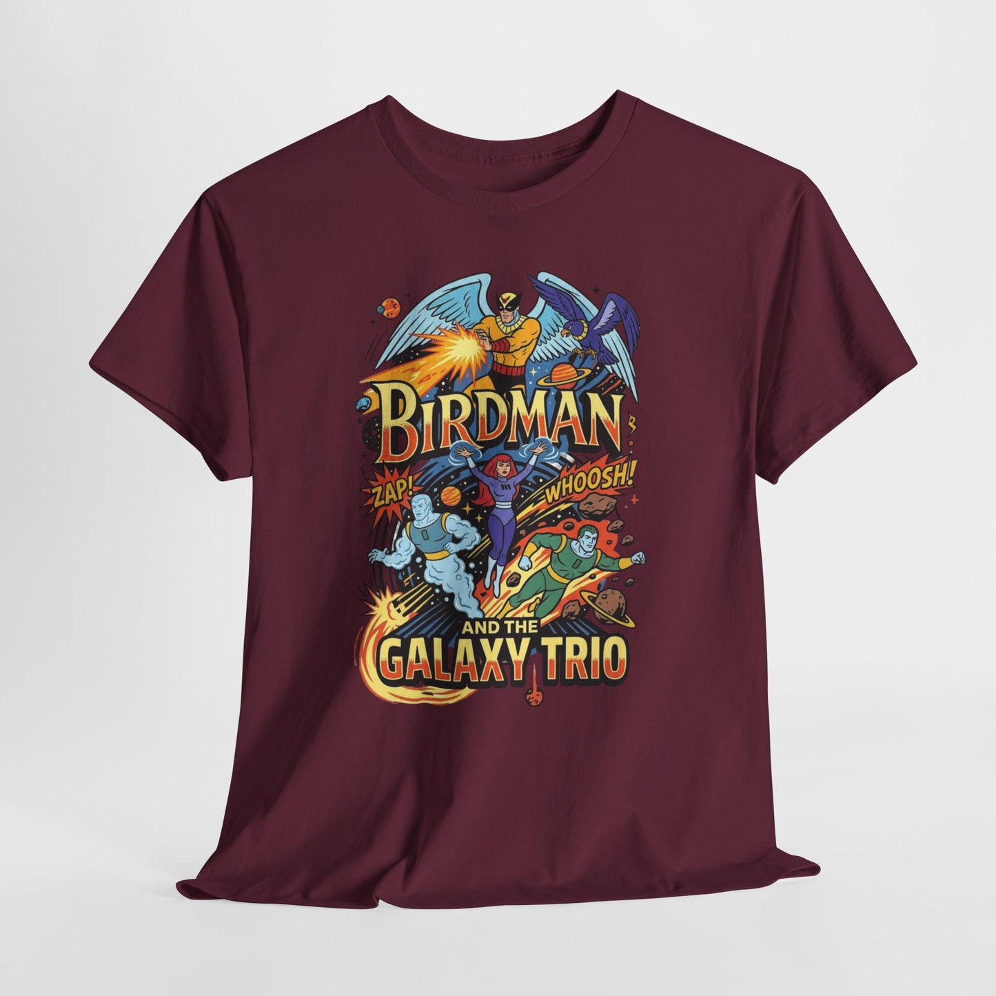 Birdman & The Galaxy Trio Tee — Retro Comic Superhero Graphic T-Shirt