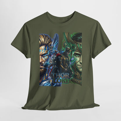 Thor vs Loki Graphic Tee — Mythic Norse Superhero Split-Face Design