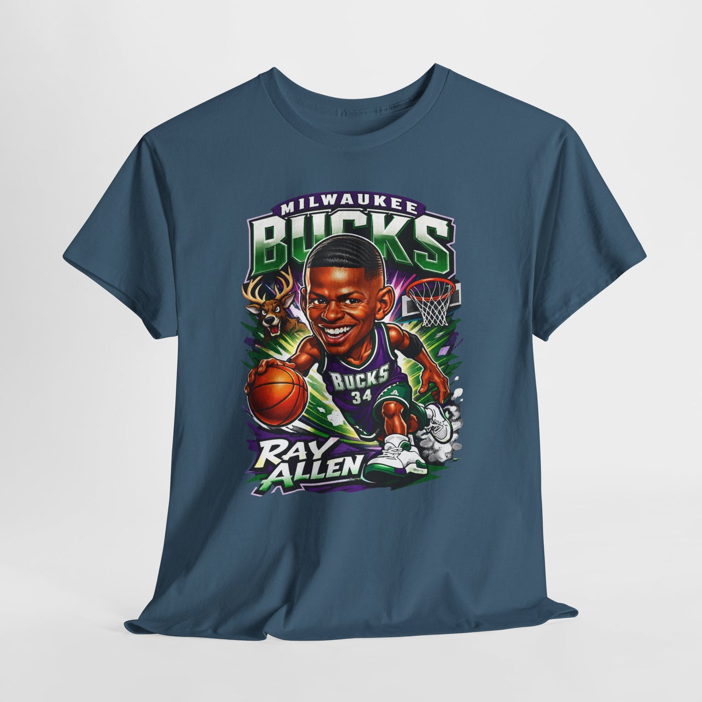 Milwaukee Bucks Retro Player Cartoon Tee — 'Ray Allen' Basketball Graphic T-Shirt
