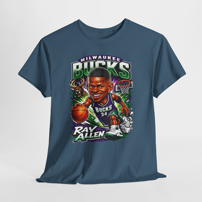 Milwaukee Bucks Retro Player Cartoon Tee — 'Ray Allen' Basketball Graphic T-Shirt