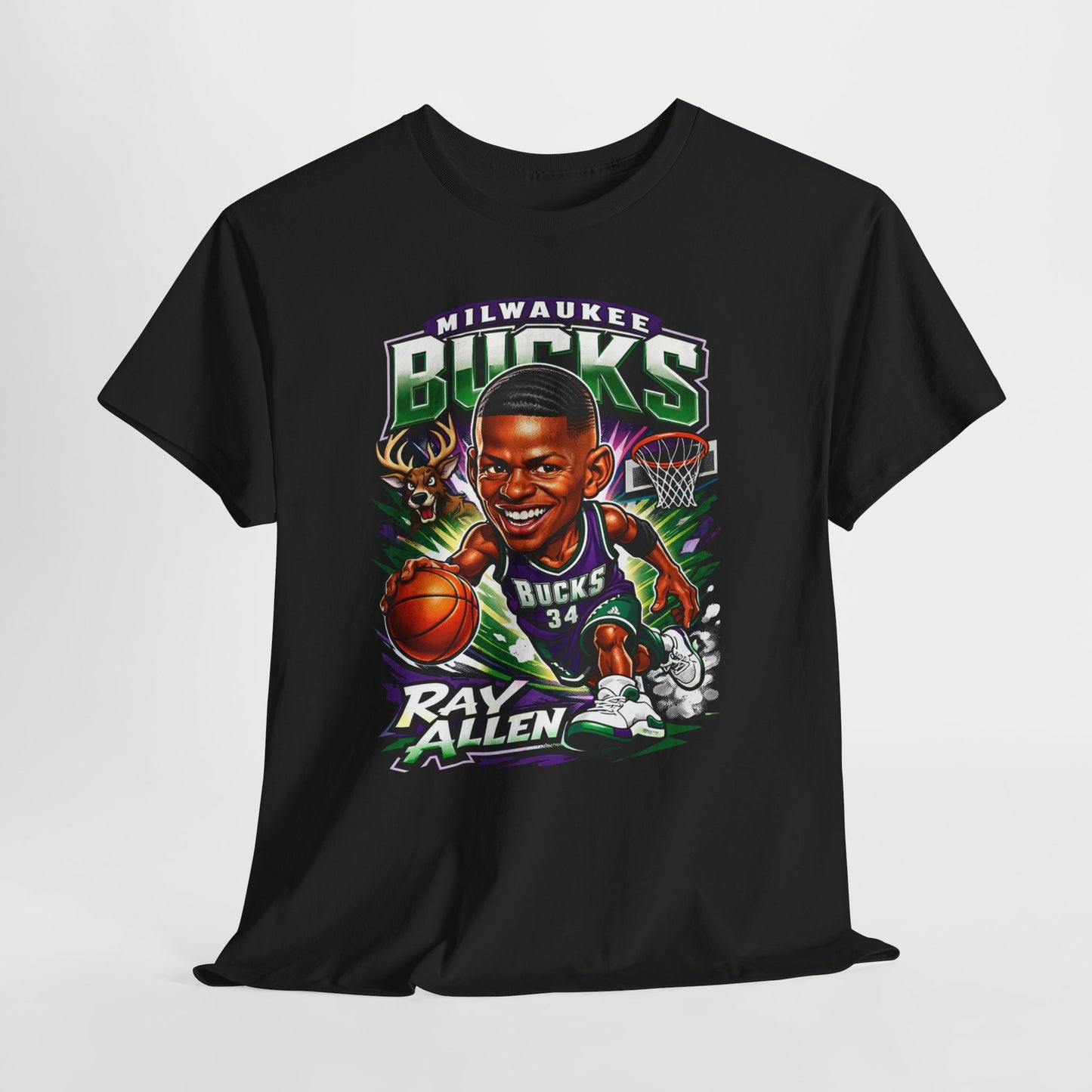 Milwaukee Bucks Retro Player Cartoon Tee — 'Ray Allen' Basketball Graphic T-Shirt