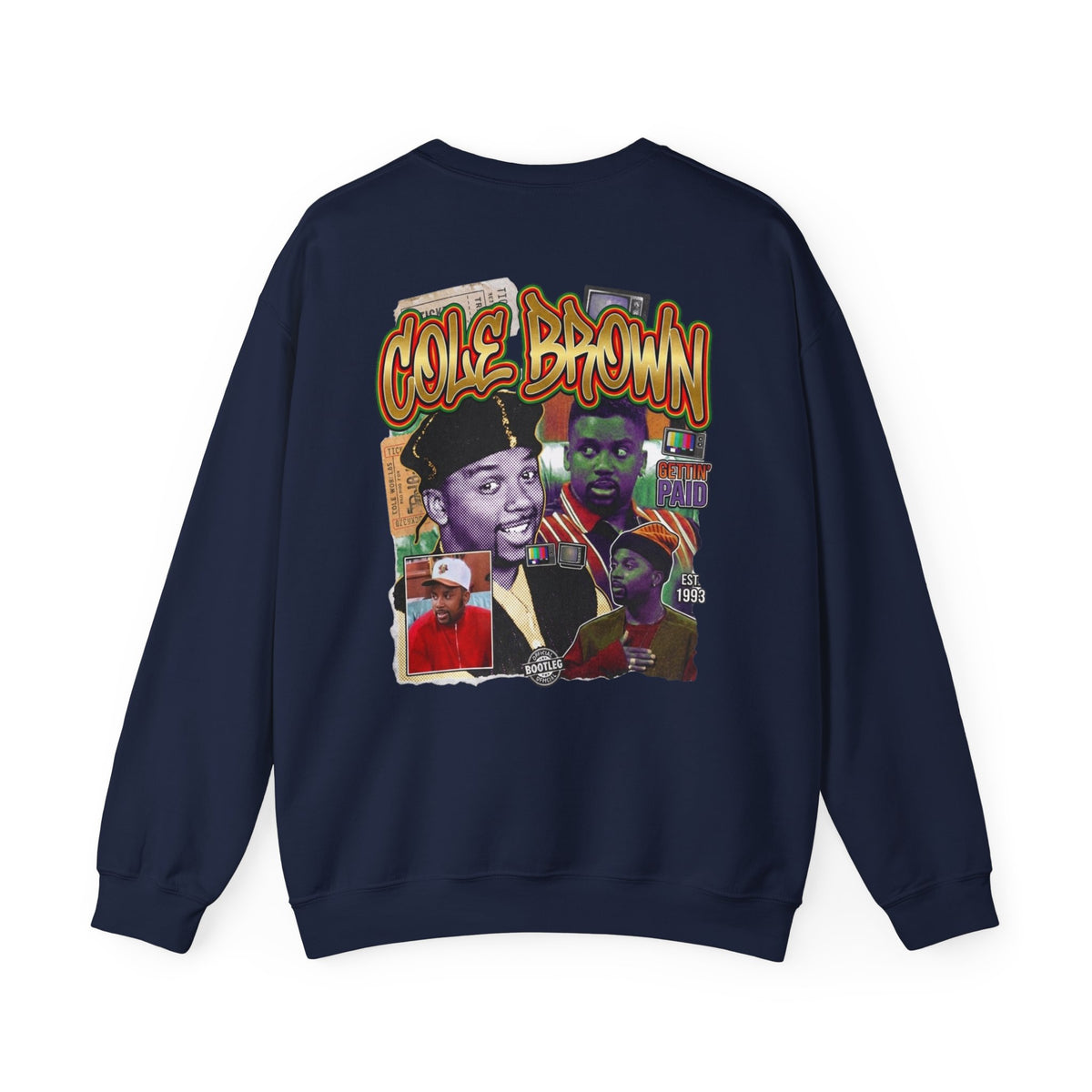 Cole Brown Graphic Sweatshirt — Retro Hip-Hop Collage Crewneck