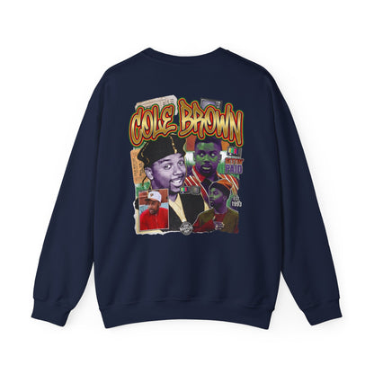 Cole Brown Graphic Sweatshirt — Retro Hip-Hop Collage Crewneck
