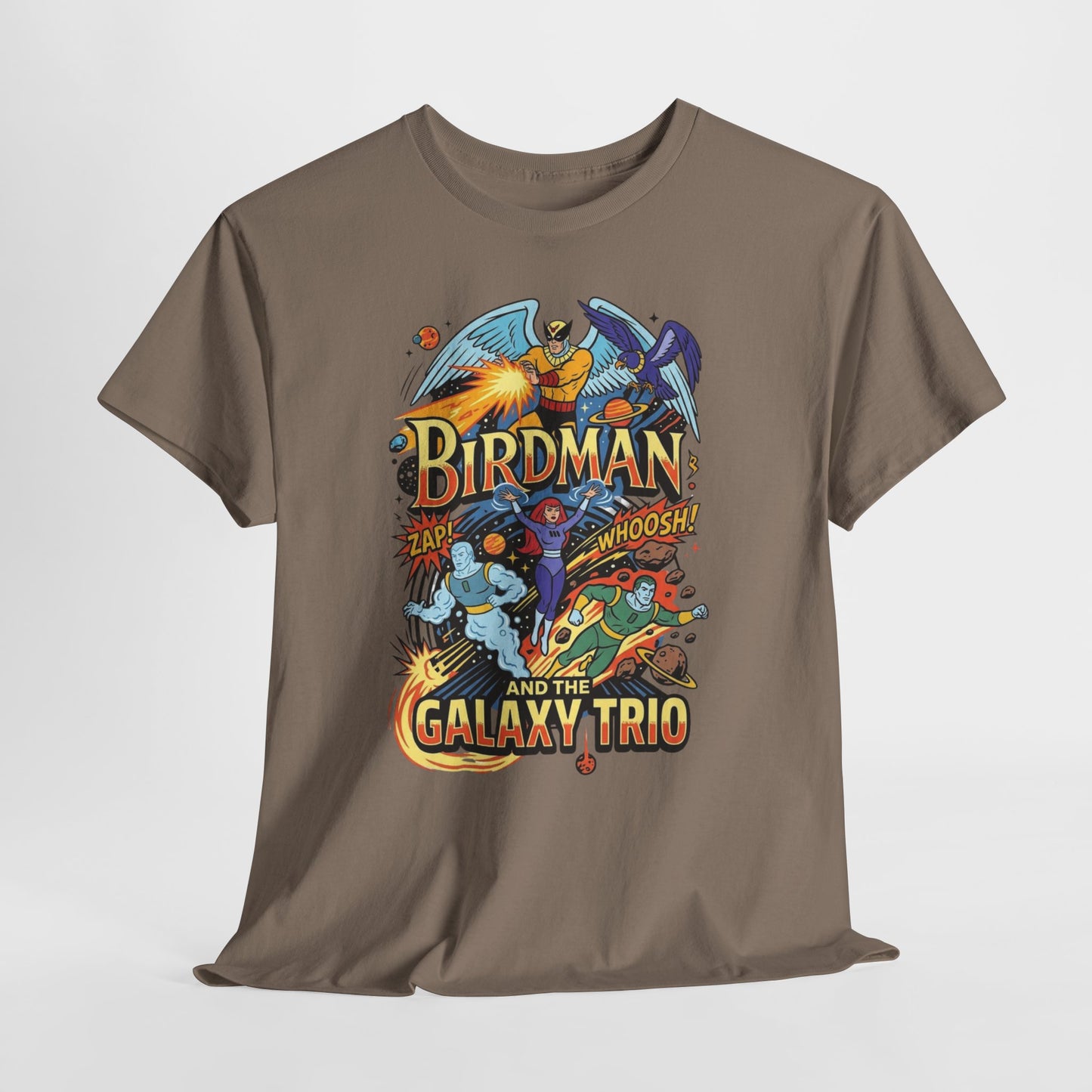 Birdman & The Galaxy Trio Tee — Retro Comic Superhero Graphic T-Shirt