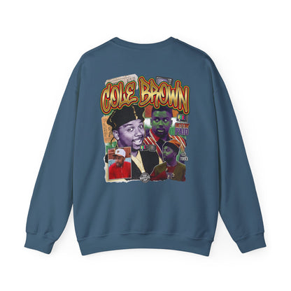 Cole Brown Graphic Sweatshirt — Retro Hip-Hop Collage Crewneck