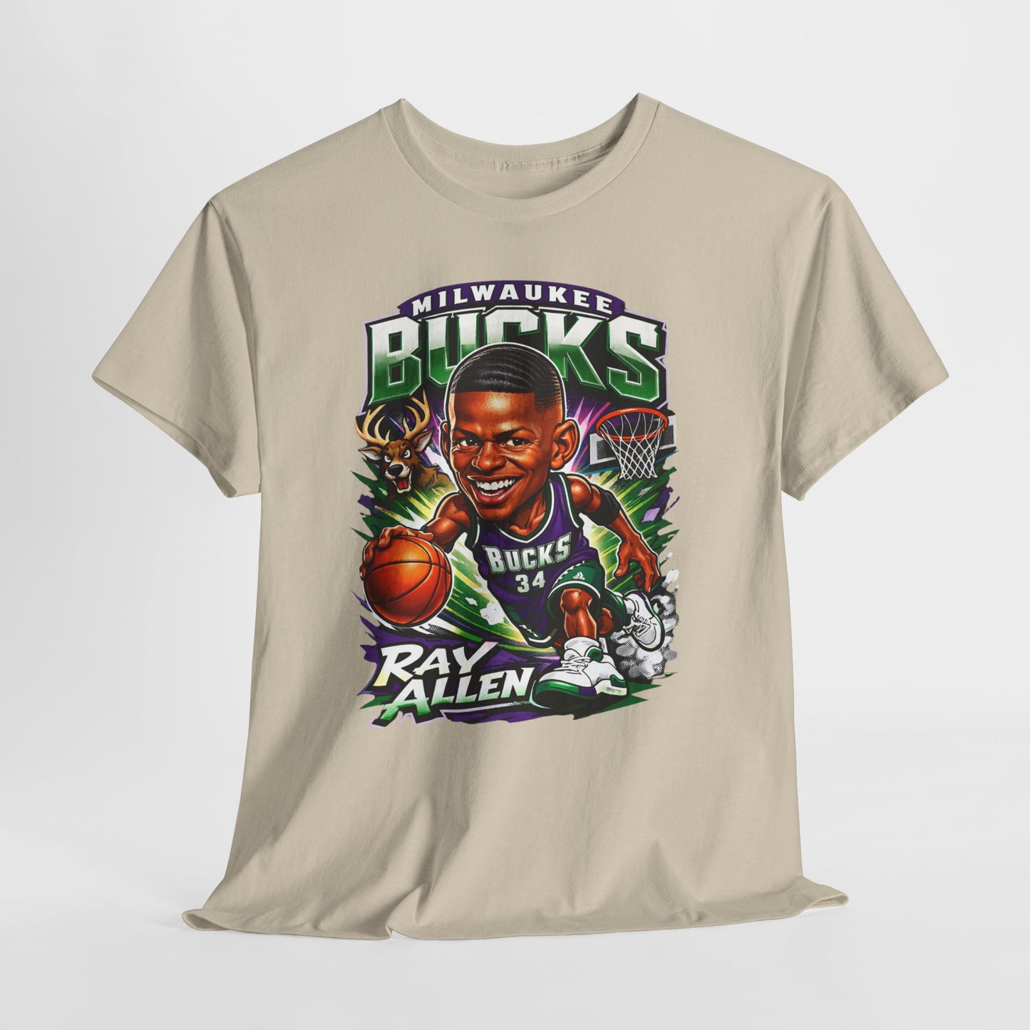 Milwaukee Bucks Retro Player Cartoon Tee — 'Ray Allen' Basketball Graphic T-Shirt