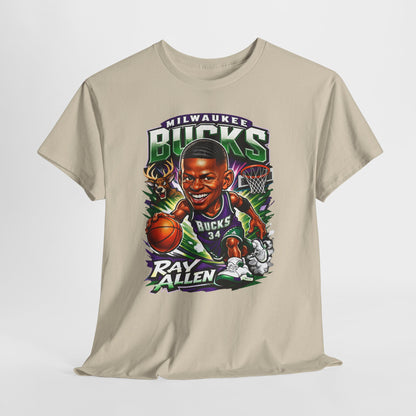 Milwaukee Bucks Retro Player Cartoon Tee — 'Ray Allen' Basketball Graphic T-Shirt