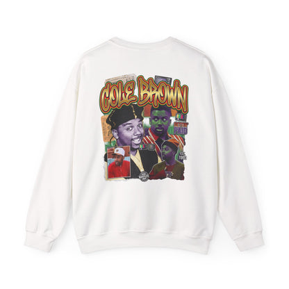 Cole Brown Graphic Sweatshirt — Retro Hip-Hop Collage Crewneck