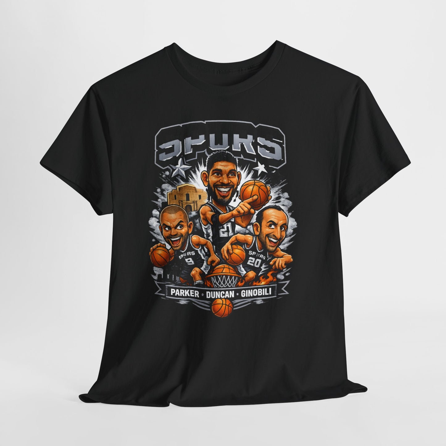 Spurs Legends T-Shirt — Parker, Duncan & Ginobili Cartoon Basketball Tee