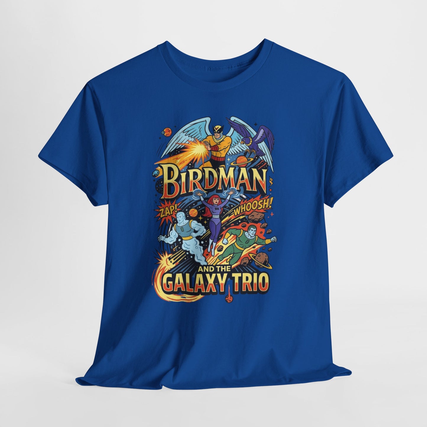 Birdman & The Galaxy Trio Tee — Retro Comic Superhero Graphic T-Shirt