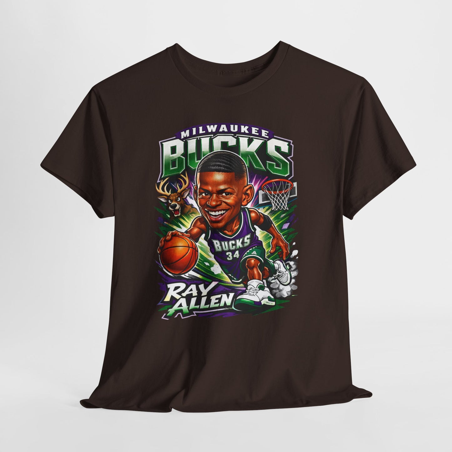 Milwaukee Bucks Retro Player Cartoon Tee — 'Ray Allen' Basketball Graphic T-Shirt