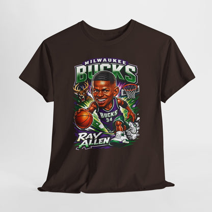 Milwaukee Bucks Retro Player Cartoon Tee — 'Ray Allen' Basketball Graphic T-Shirt