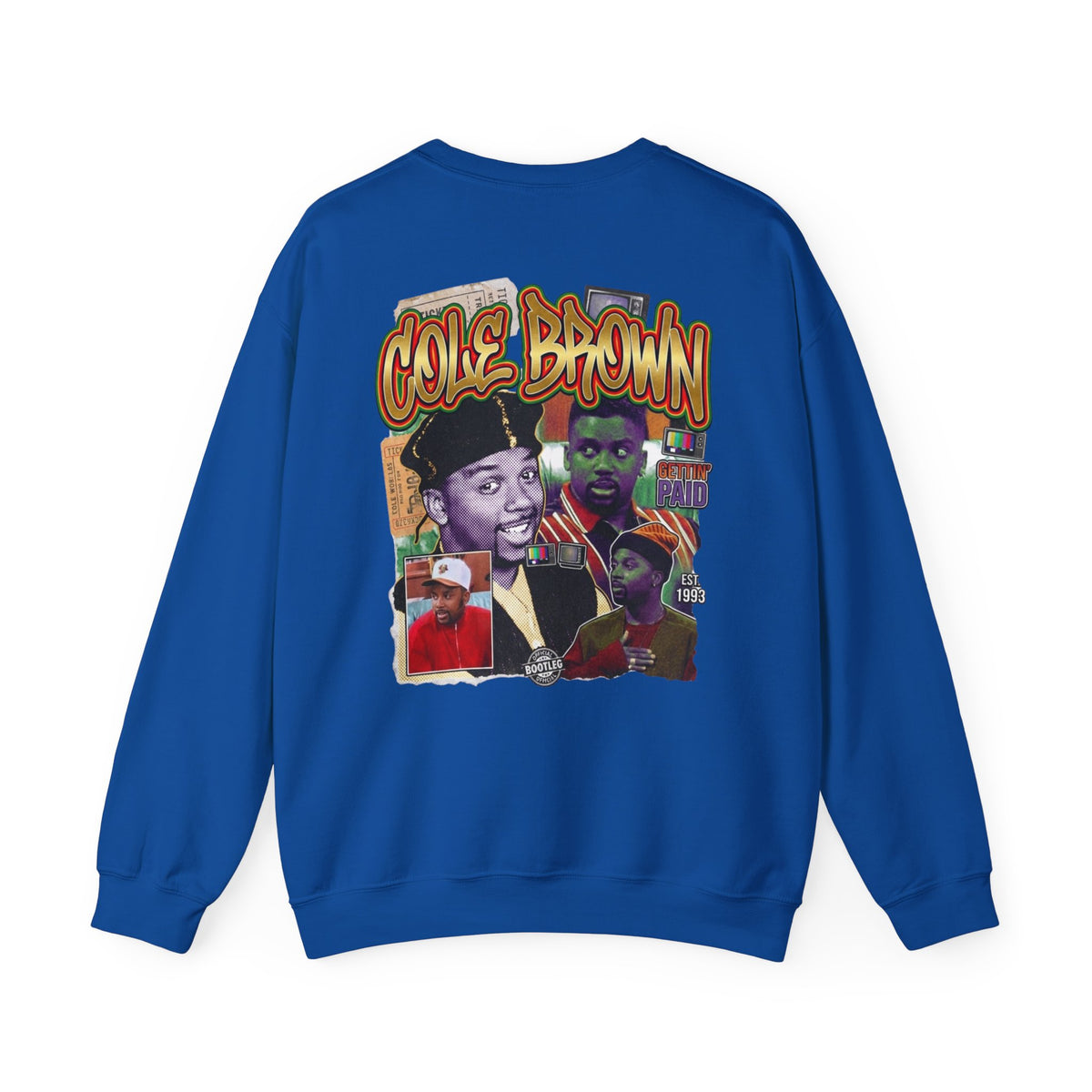 Cole Brown Graphic Sweatshirt — Retro Hip-Hop Collage Crewneck