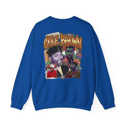 Cole Brown Graphic Sweatshirt — Retro Hip-Hop Collage Crewneck