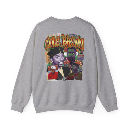 Cole Brown Graphic Sweatshirt — Retro Hip-Hop Collage Crewneck