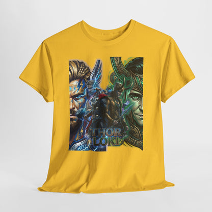 Thor vs Loki Graphic Tee — Mythic Norse Superhero Split-Face Design