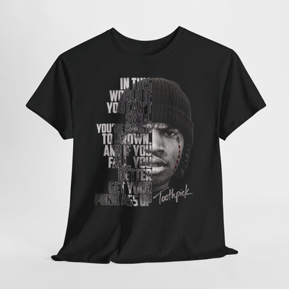 Toothpick Graphic Tee — Bold Half-Face Portrait with Motivational Quote