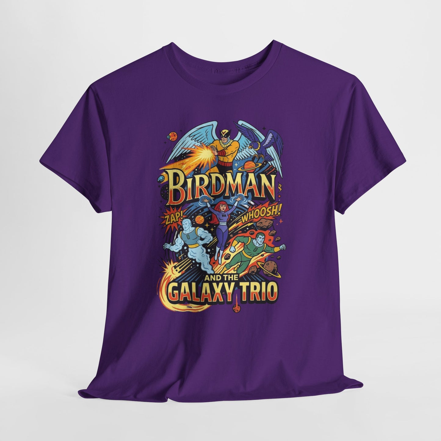 Birdman & The Galaxy Trio Tee — Retro Comic Superhero Graphic T-Shirt