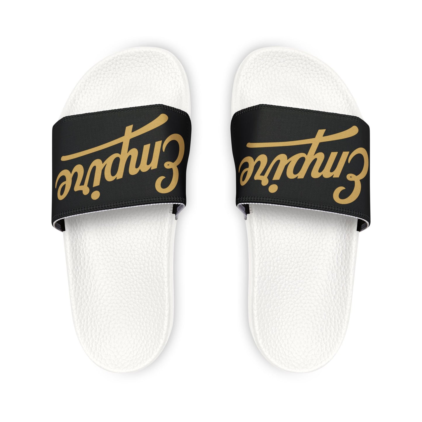 Slide Sandals — Black Strap with Gold "Empire" Script | Men's Casual Pool & Beach Slides