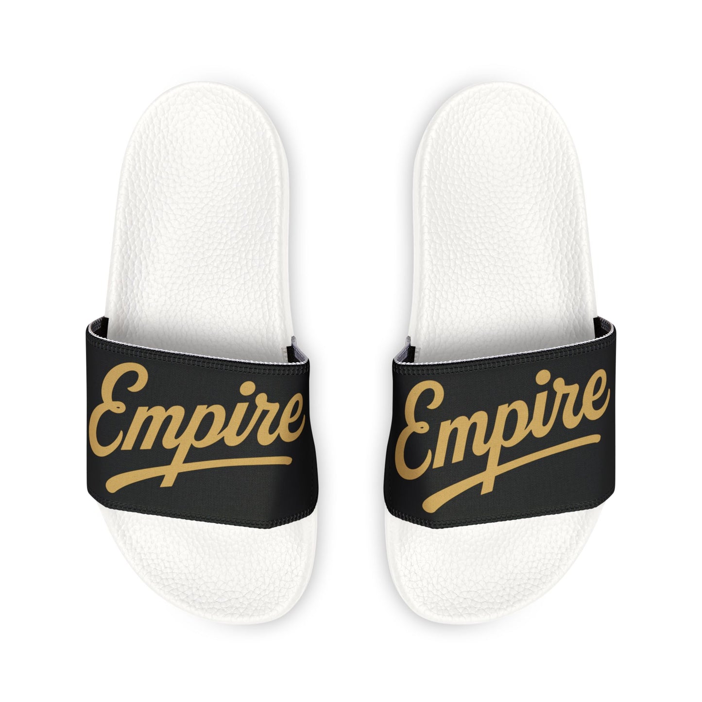 Slide Sandals — Black Strap with Gold "Empire" Script | Men's Casual Pool & Beach Slides