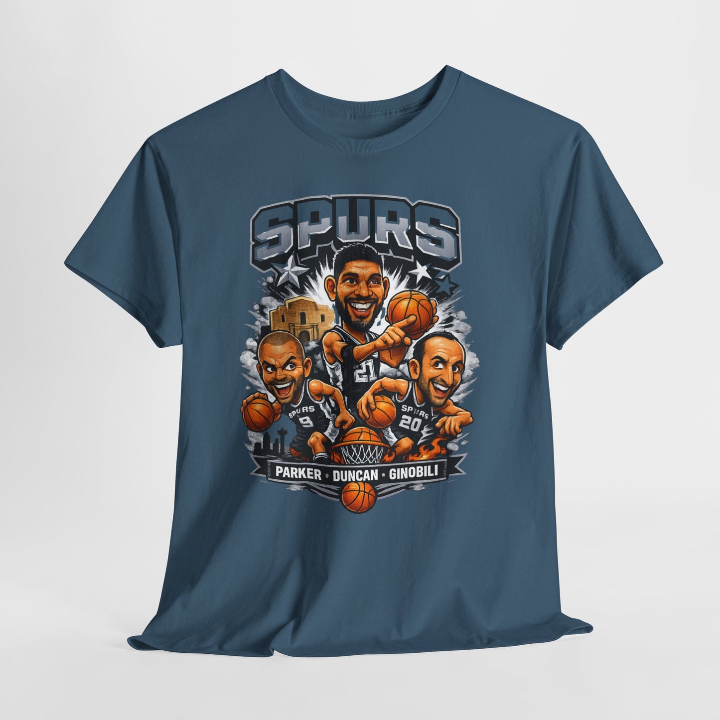 Spurs Legends T-Shirt — Parker, Duncan & Ginobili Cartoon Basketball Tee