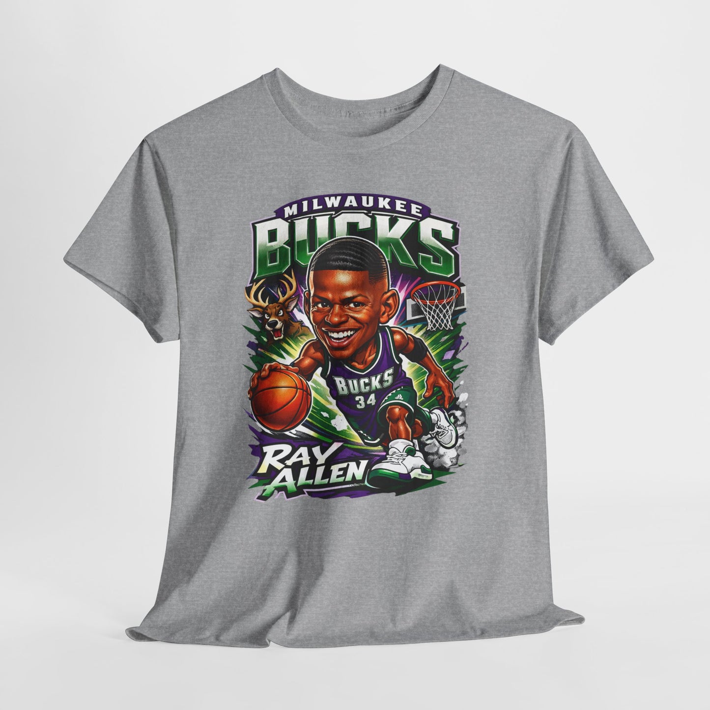 Milwaukee Bucks Retro Player Cartoon Tee — 'Ray Allen' Basketball Graphic T-Shirt