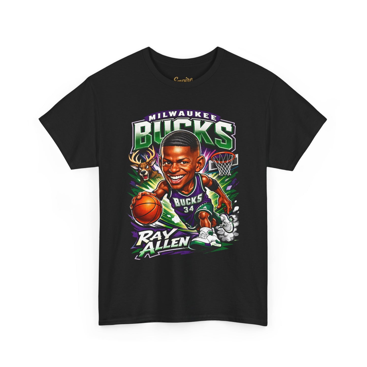 Milwaukee Bucks Retro Player Cartoon Tee — 'Ray Allen' Basketball Graphic T-Shirt