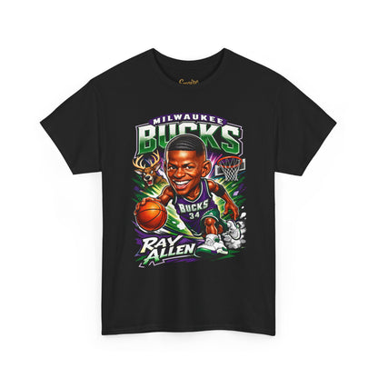 Milwaukee Bucks Retro Player Cartoon Tee — 'Ray Allen' Basketball Graphic T-Shirt