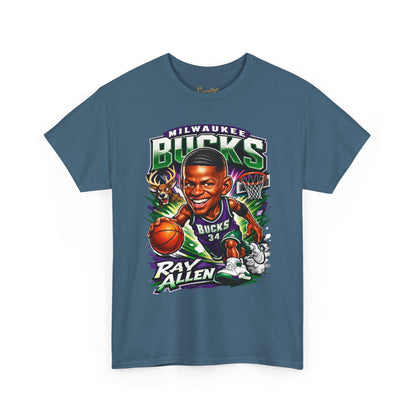 Milwaukee Bucks Retro Player Cartoon Tee — 'Ray Allen' Basketball Graphic T-Shirt