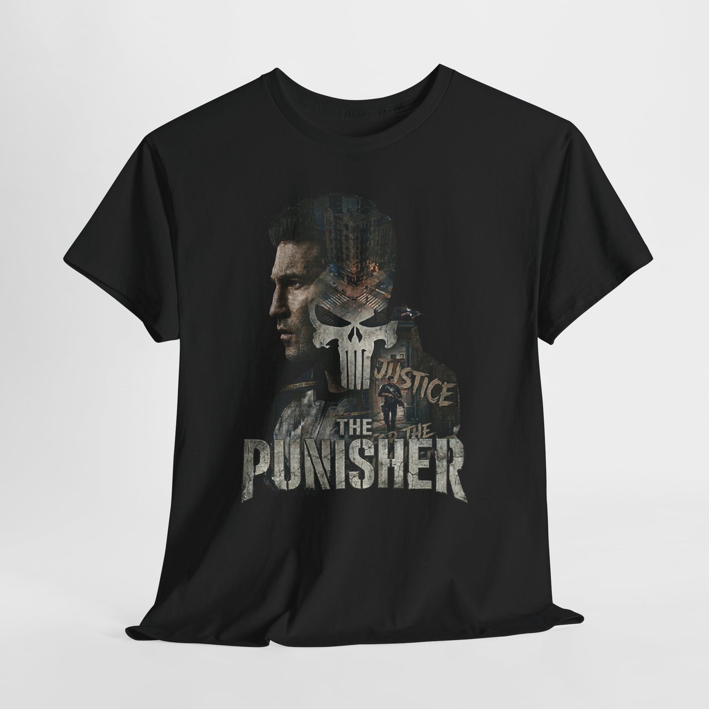 The Punisher Graphic Tee — Skull Justice Double Exposure T‑Shirt