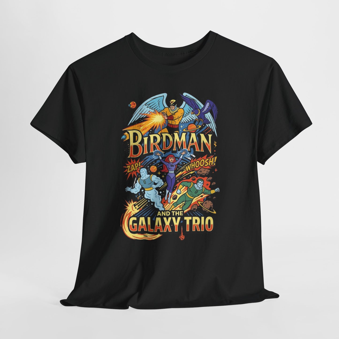 Birdman & The Galaxy Trio Tee — Retro Comic Superhero Graphic T-Shirt