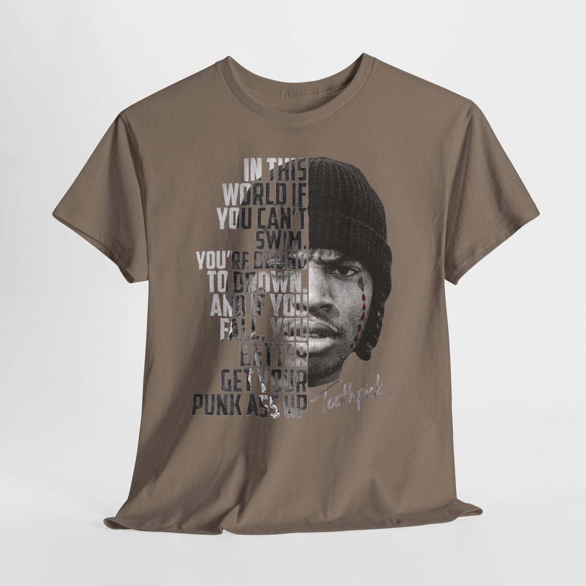 Toothpick Graphic Tee — Bold Half-Face Portrait with Motivational Quote