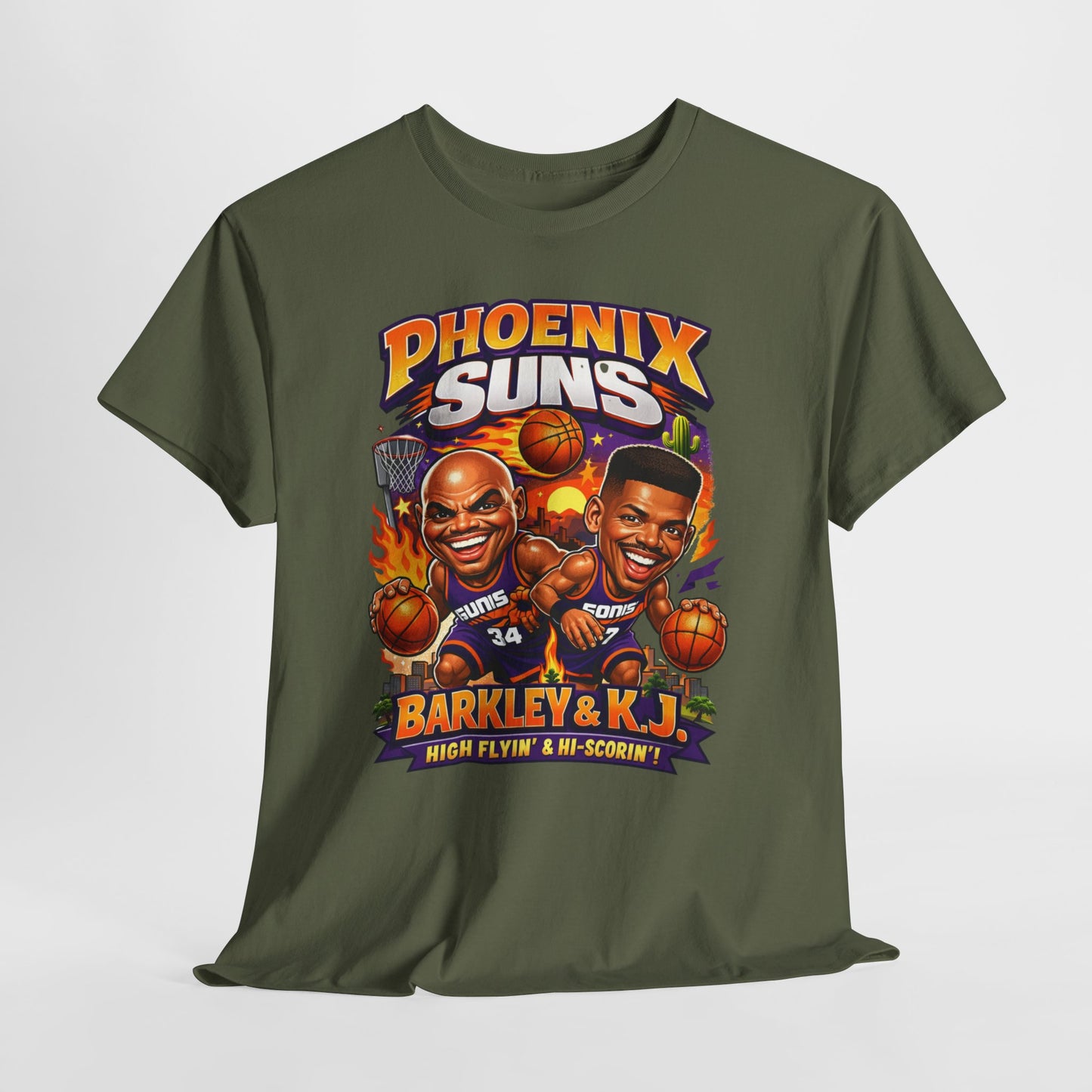 Phoenix Suns Barkley & K.J. Graphic Tee — Retro Basketball Cartoon Shirt