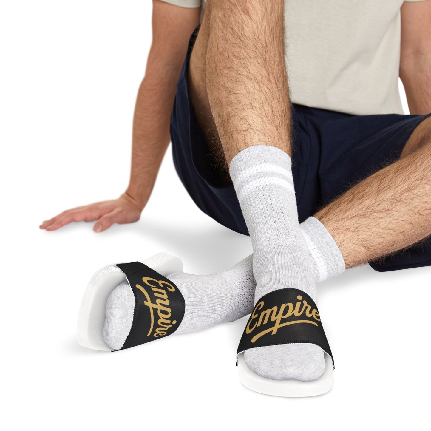 Slide Sandals — Black Strap with Gold "Empire" Script | Men's Casual Pool & Beach Slides