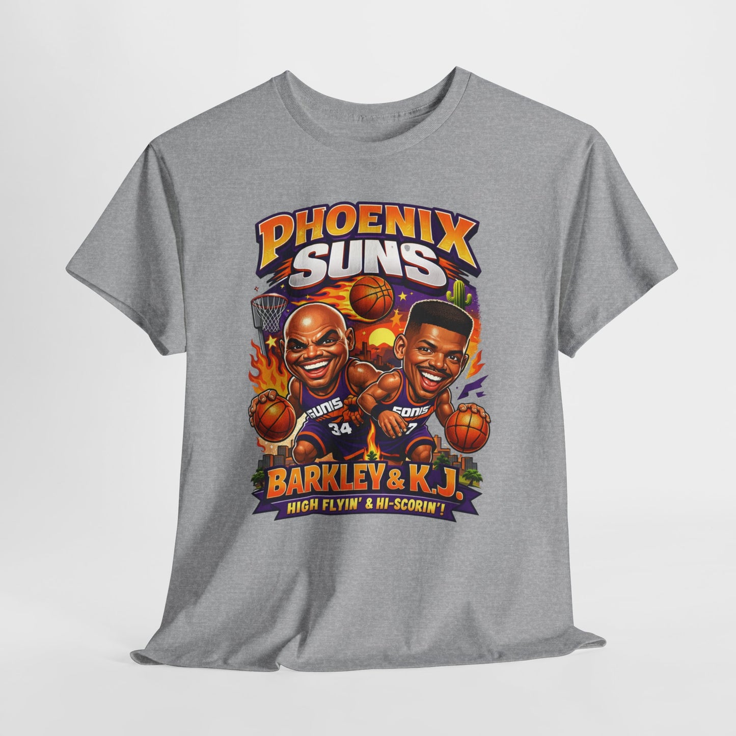 Phoenix Suns Barkley & K.J. Graphic Tee — Retro Basketball Cartoon Shirt