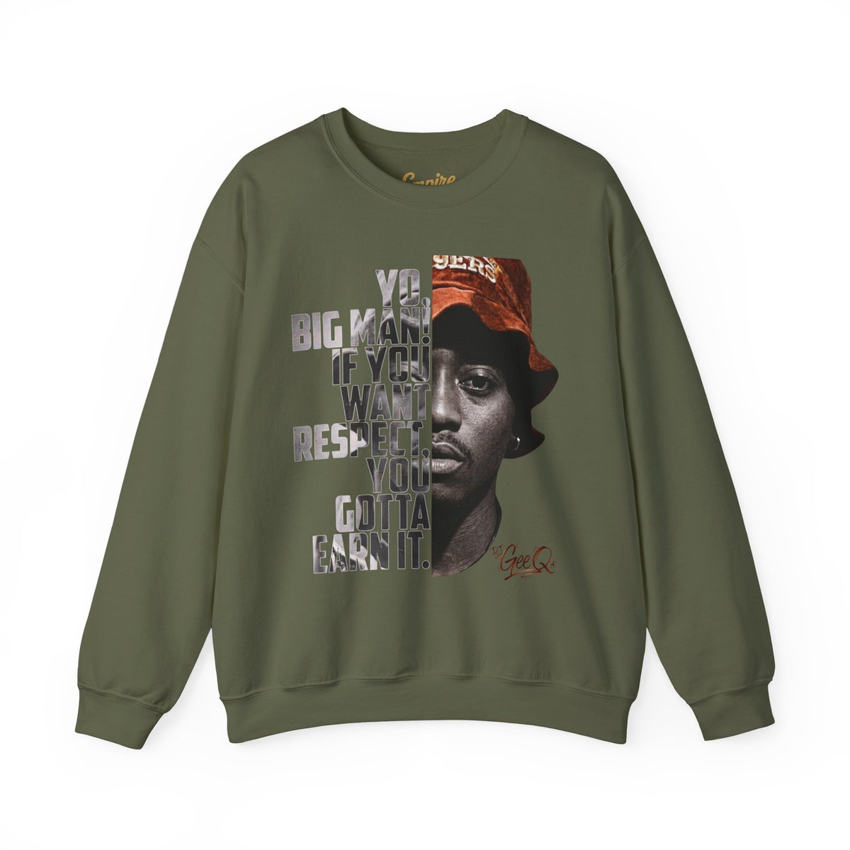 DJ Gee Q - Respect Is Earned Crewneck Sweatshirt – Motivational Hip-Hop Portrait Design