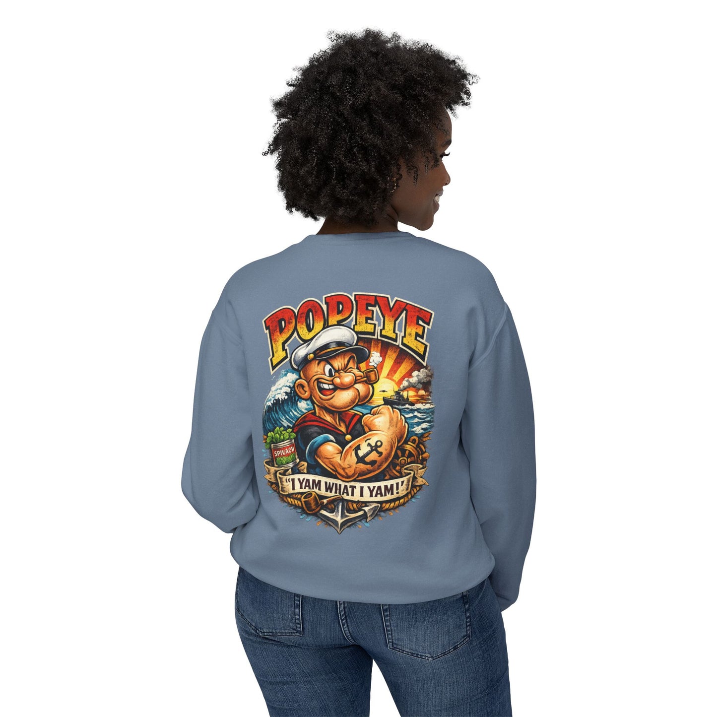 Popeye Graphic Crewneck Sweatshirt — "I Yam What I Yam" Vintage Sailor Tee