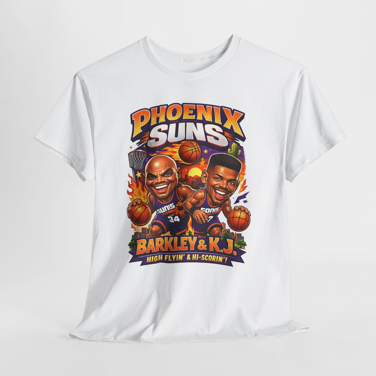 Phoenix Suns Barkley & K.J. Graphic Tee — Retro Basketball Cartoon Shirt