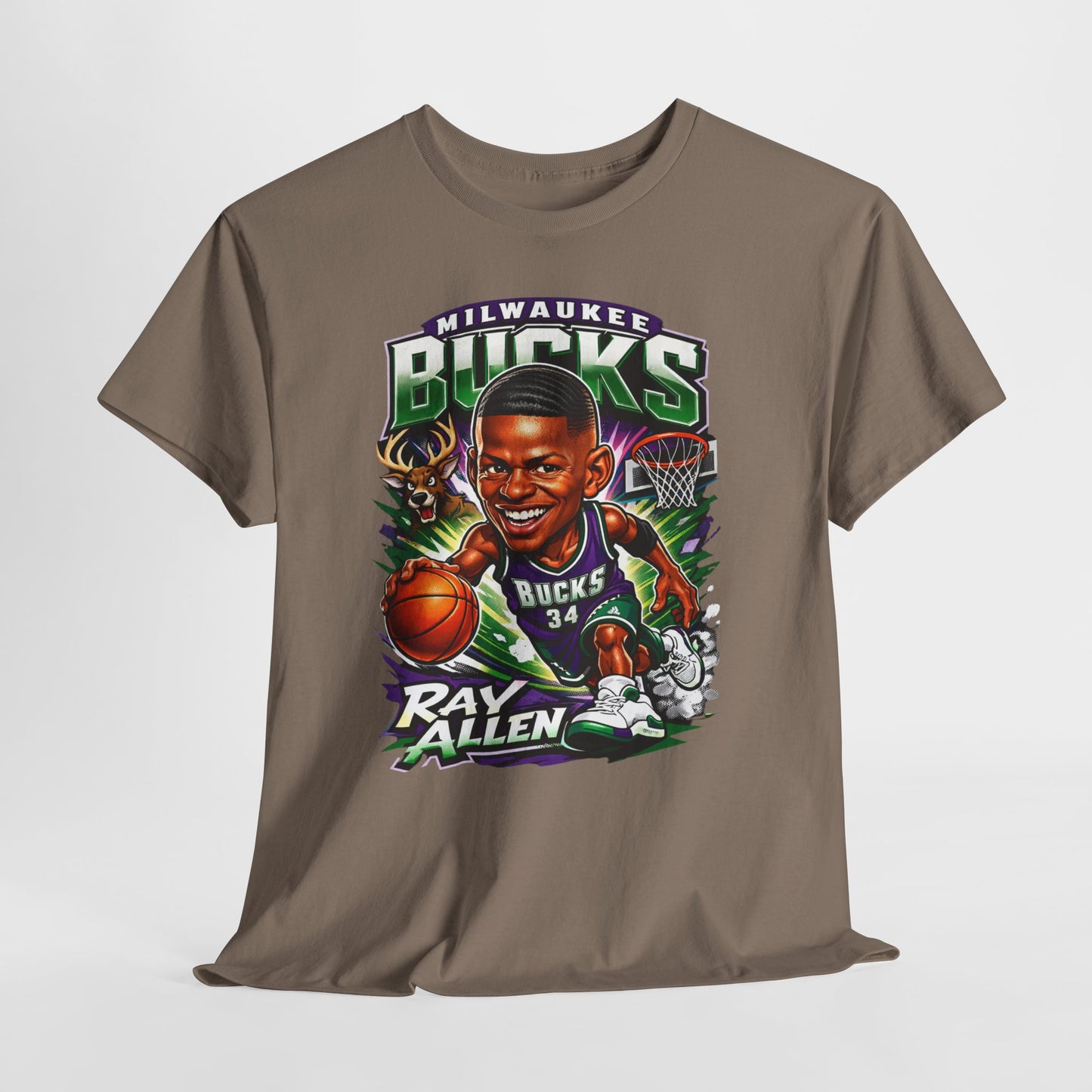 Milwaukee Bucks Retro Player Cartoon Tee — 'Ray Allen' Basketball Graphic T-Shirt