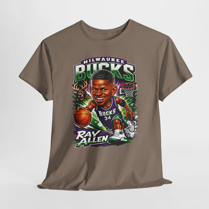 Milwaukee Bucks Retro Player Cartoon Tee — 'Ray Allen' Basketball Graphic T-Shirt