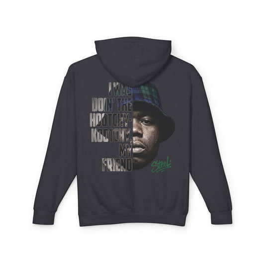 Steel "Juice" Graphic Hoodie — "I Was Doin' the Hootchy-Kootchy, My Friend" Vintage Movie Portrait