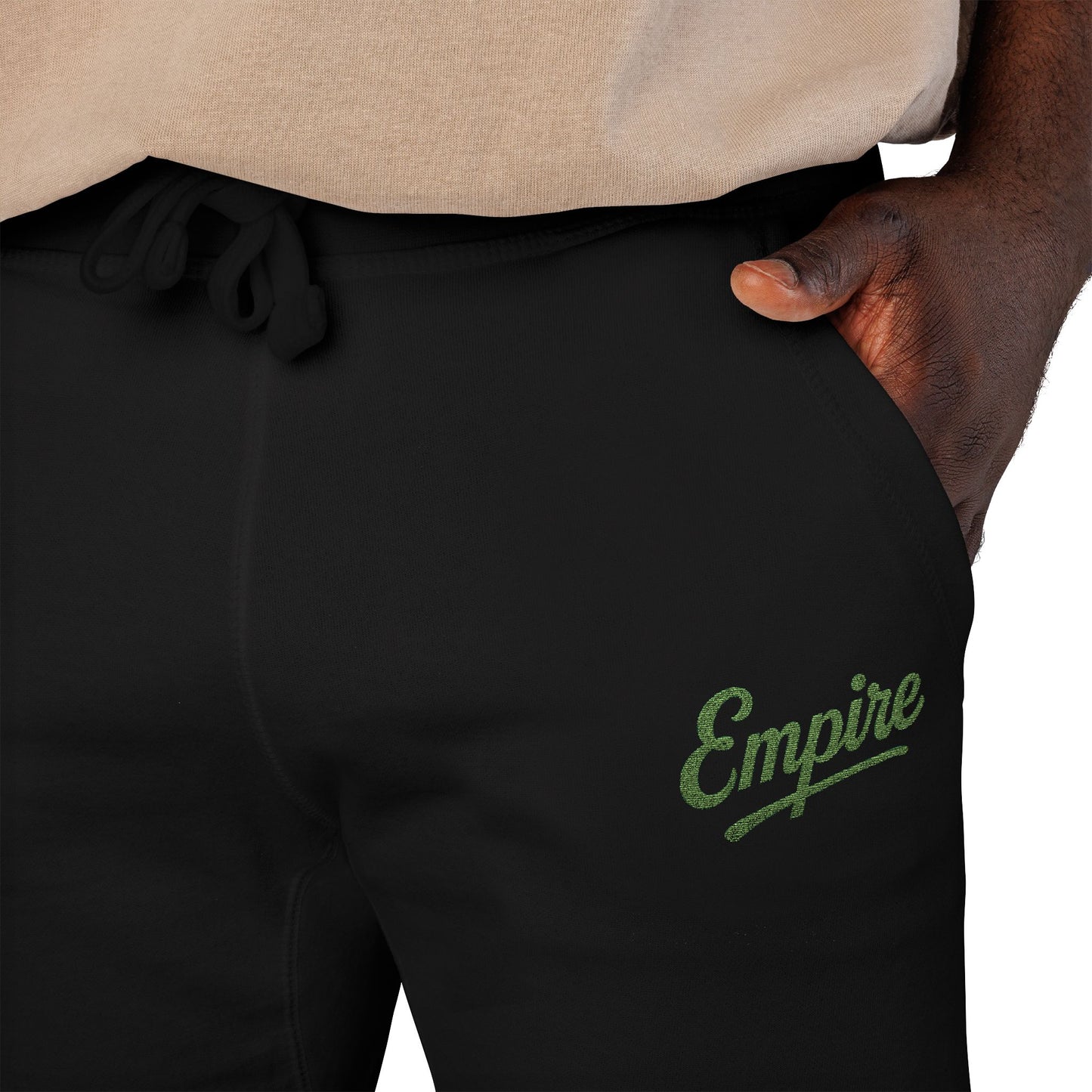 Empire Signature Embroidered Sweatpants — Minimal Fleece with Green 'Empire' Logo