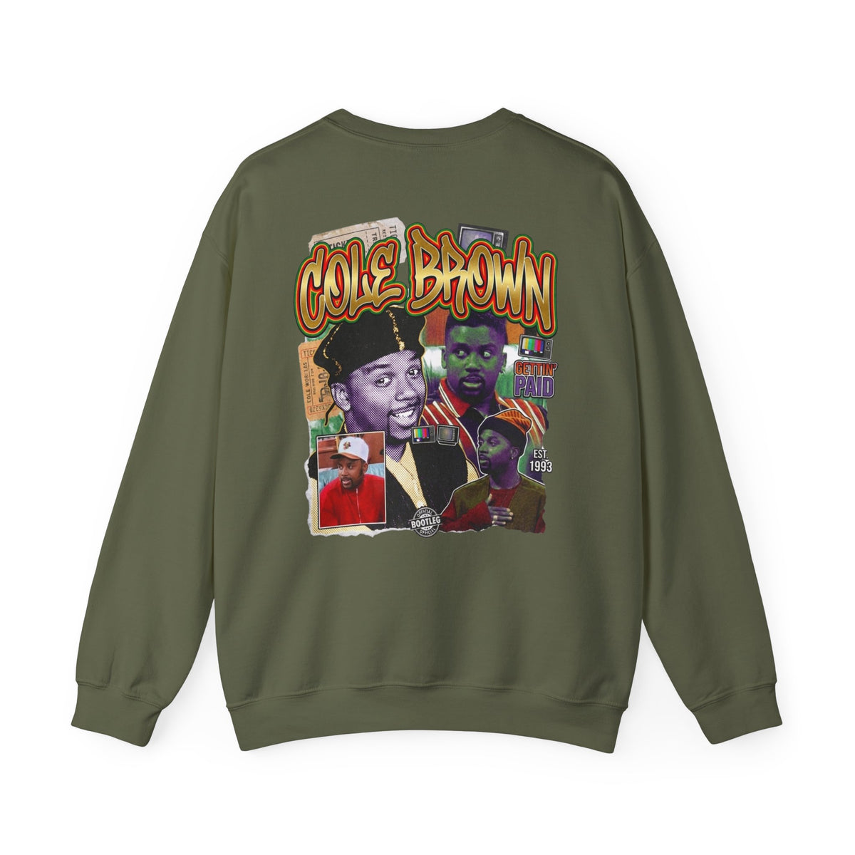 Cole Brown Graphic Sweatshirt — Retro Hip-Hop Collage Crewneck